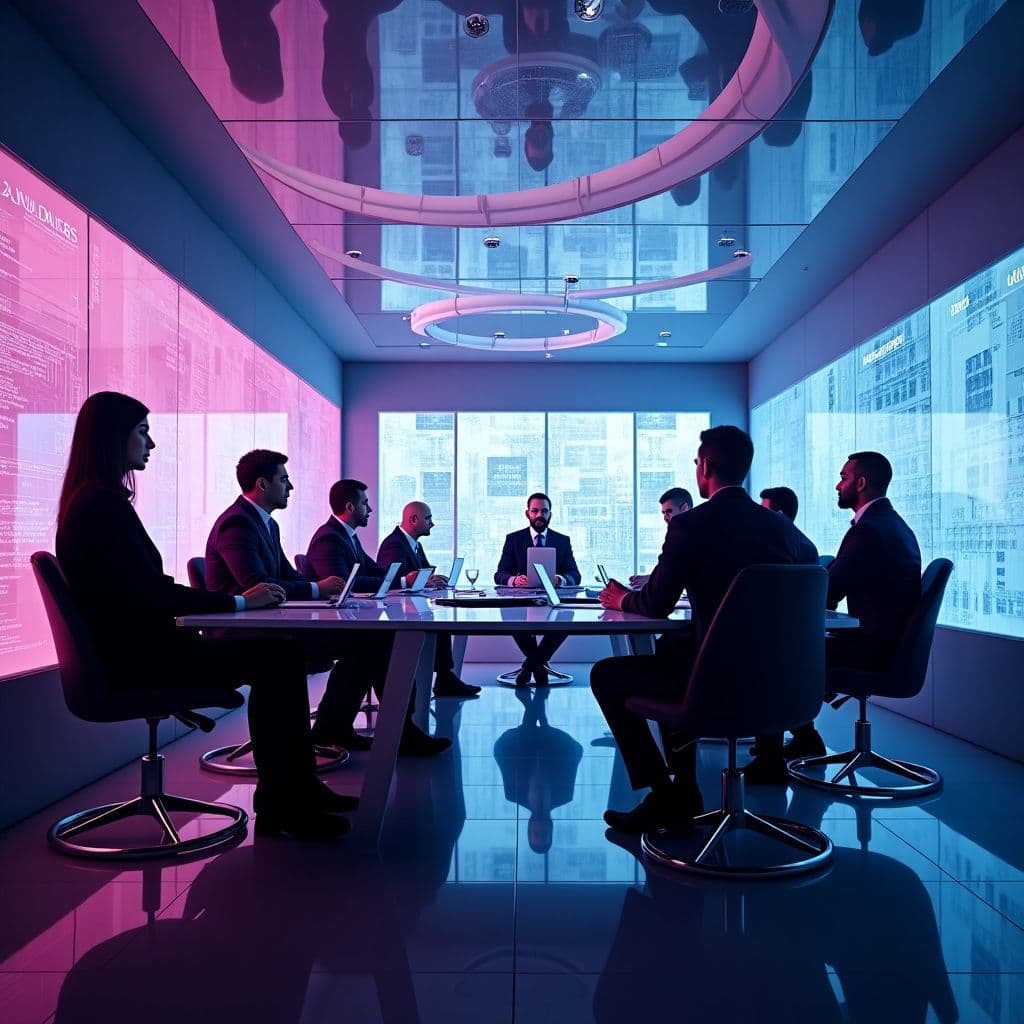 Profissionais sentados em mesa de escritório para uma reunião