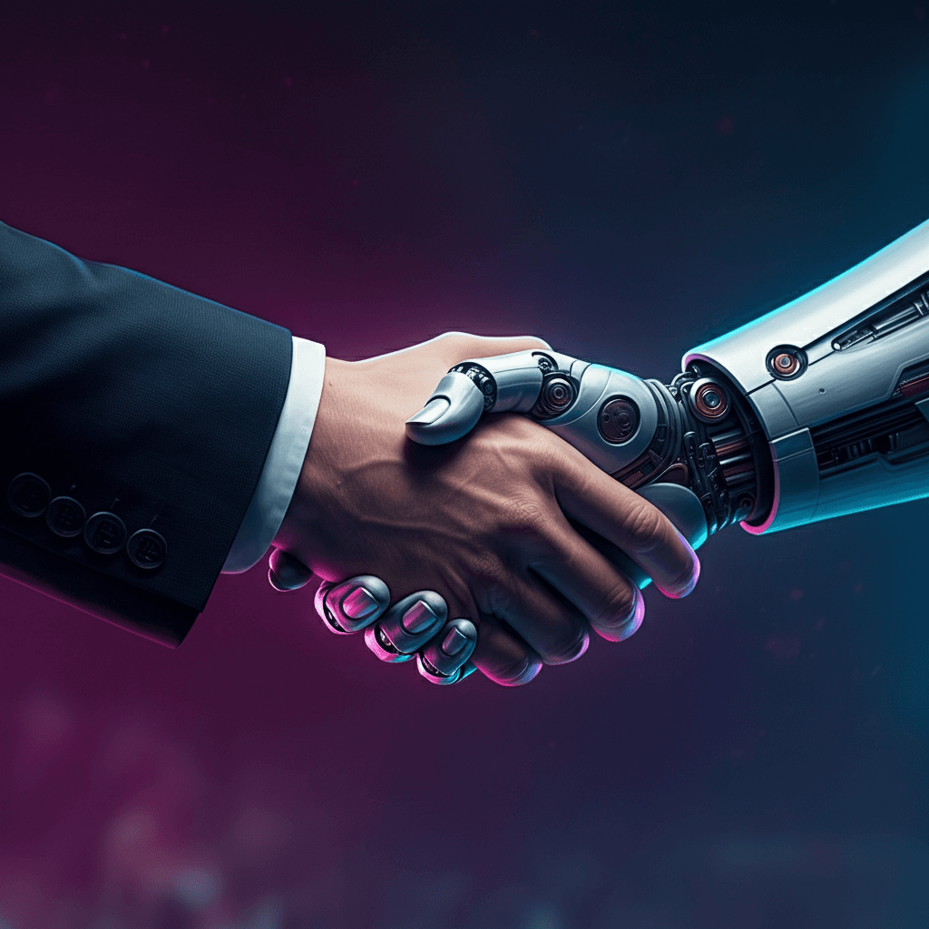 Humano e robô humanoide apertando as mãos